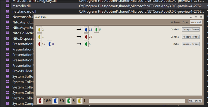 Bean Trader running on .NET Core