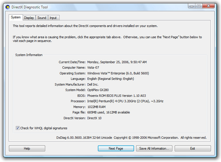 DirectXDiagnosticTool_01 Screenshot: DirectX Diagnostic Tool