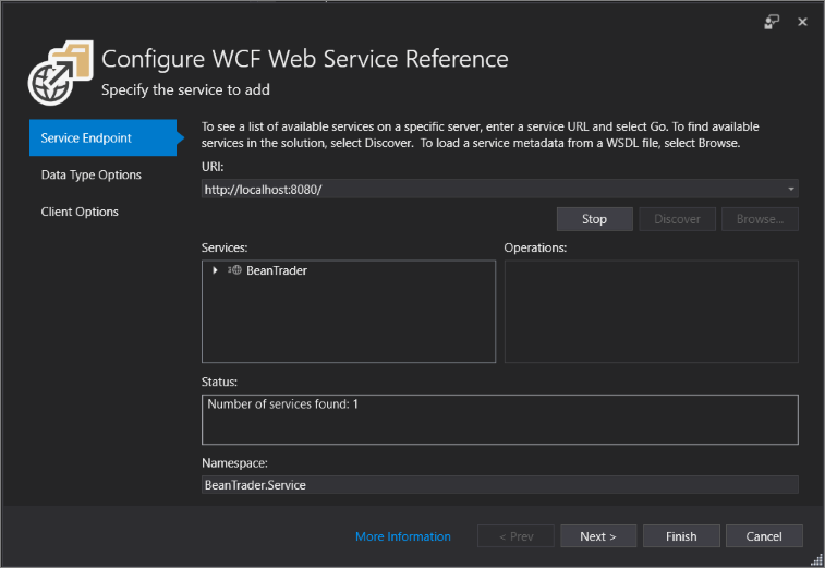 WCF Web Service Reference Connected Service Dialog