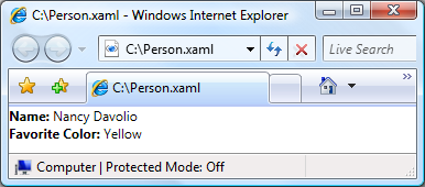 Shows the contents of the Person.XAML file. Display of the content in the Person.XAML file