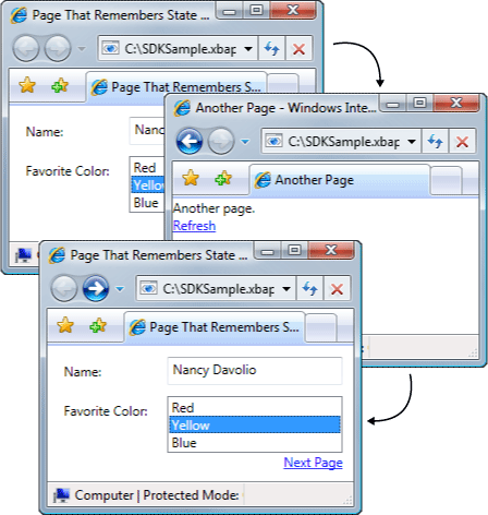 Data entered is remembered across page navigations. Page with controls that remember state